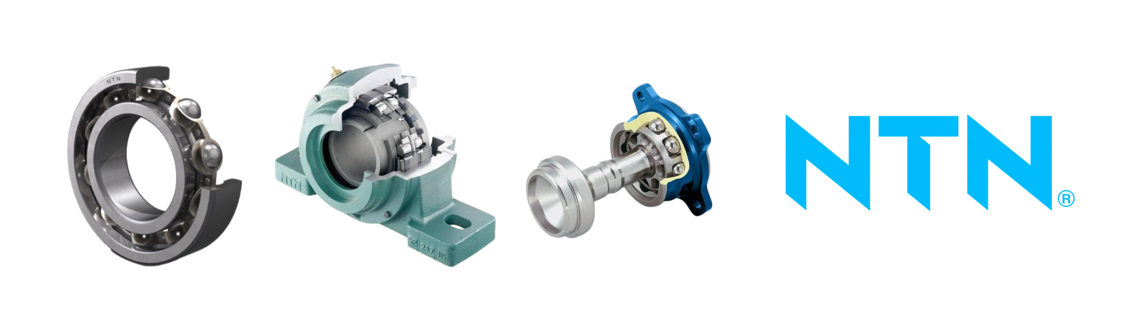 NTN deep groove ball bearing shown in cutaway, cutaway plummer block housing with spherical roller bearing, and flanged hub bearing unit with shaft, alongside the blue NTN logo
